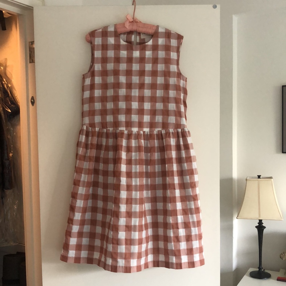 Off on Women’s Sleeveless Gingham Midi Dress in Rust and White